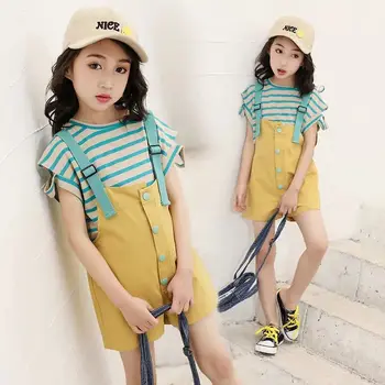 

Children's Clothing Sets Baby Girl Clothes Teens Student Casual Suit Kids Girls Striped T Shirt+overalls Shorts 2pcs Suits 3-10Y
