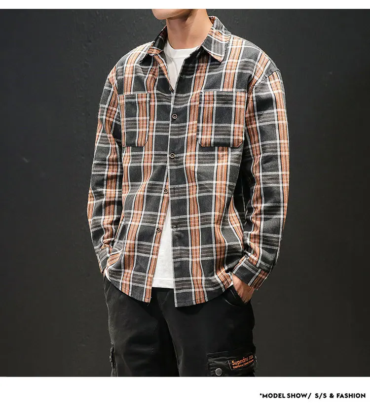 Клетчатая Высококачественная Janpan стильная Весенняя Мужская Повседневная рубашка с длинным рукавом, большие Азиатские размеры, M-5XL
