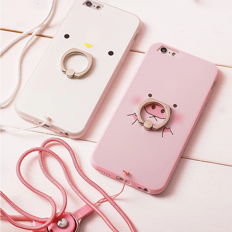 

Cute Pig Cartoon Soft Case with Ring Holder Neck Lanyard for iPhone X XS 7 8 8 plus 6 6s 6s plus Matte Plain Color Pink TPU Case