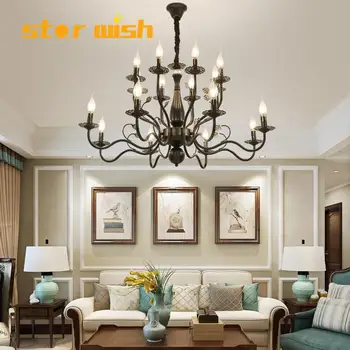 

American black iron candle chandelier living room dining room clothing store hairdressing chandelier project double chandelier