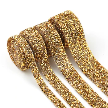 

QIAO 1 Yard DIY Golden Rhinestones Strass Crystal Chain Hot Fix Glitter Dress Rhinestone Motifs Ribbon Hot-Fix Patches Applique