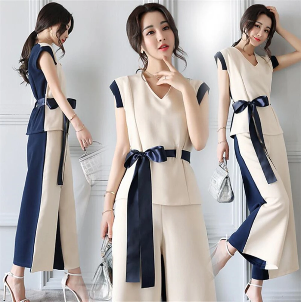 

Summer new style Wide leg pants set two-piece temperament fashion v-neck sleeveless chiffon shirt + nine pants two-piece