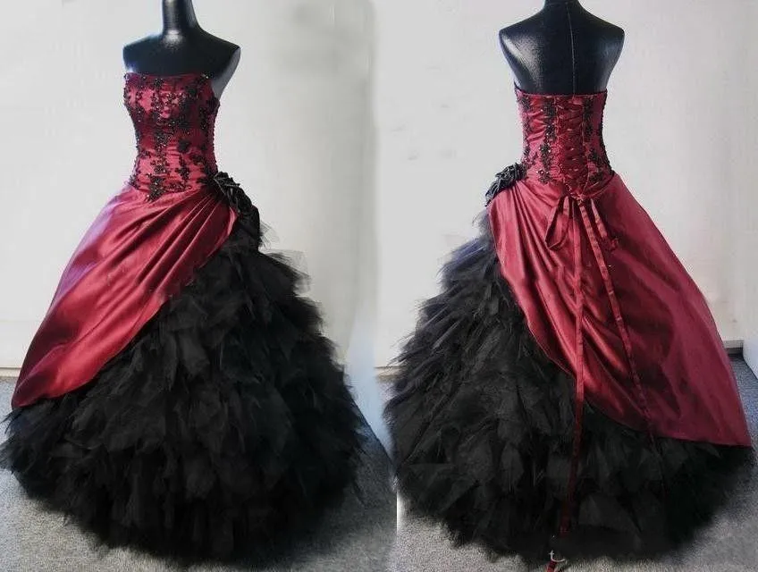 Винтажное черно-красное бальное платье Готические свадебные платья Хэллоуин бордовые Аппликация рюшами Тюль корсетные свадебные платья