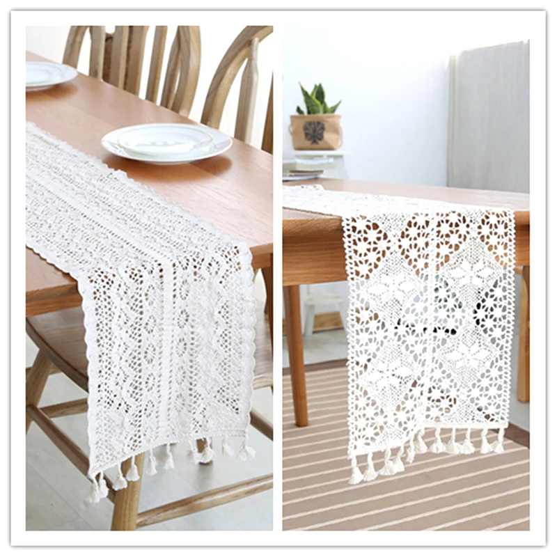 Beige Vintage Floral Lace Table Runner Tasseled Edges Cotton Crocheted Table Cloth Cover Hollow-out Dining Tabletop Decoration