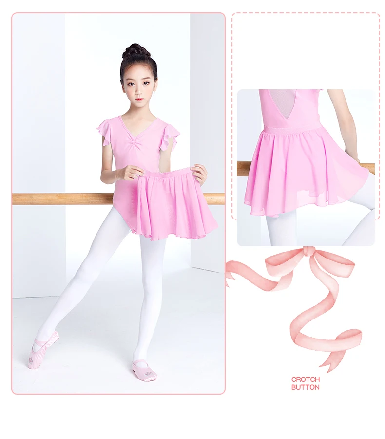 Балетные трико для девочек, детский танцевальный трико с короткими рукавами, сетчатый хлопковый балетный костюм с шифоновой юбкой