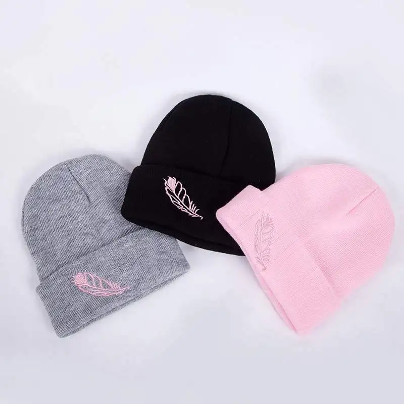 

Fashion Winter Hats Beanie For Women Embroidery Leaf Crochet Knitted Warm Hat Ladies Female Solid Color Ski Hip Hop Hats