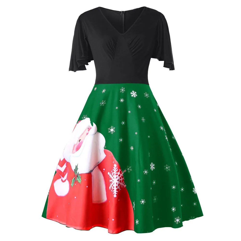 SAGACE Fashion Women Plus Size Christmas Santa Claus V-Neck Party Vintage Swing Dress summer Ruffles Polyester Dress hot July 16