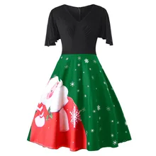 SAGACE Fashion Women Plus Size Christmas Santa Claus V-Neck Party Vintage Swing Dress summer Ruffles Polyester Dress hot July 16