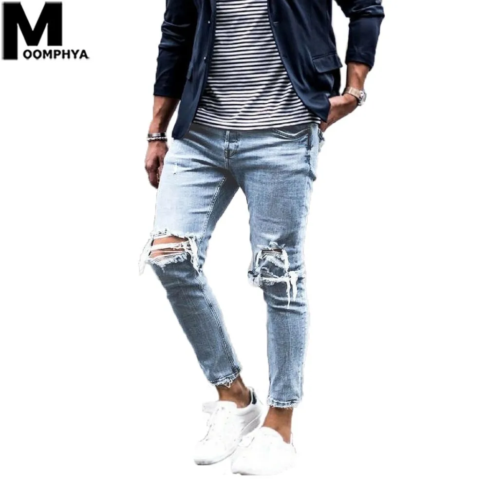 

Moomphya 2019 New Distressed Holes Skinny Jeans Men Streetwear Hip Hop Ripped Jeans For Men Denim Pants Stylish Biker Jeans Blue