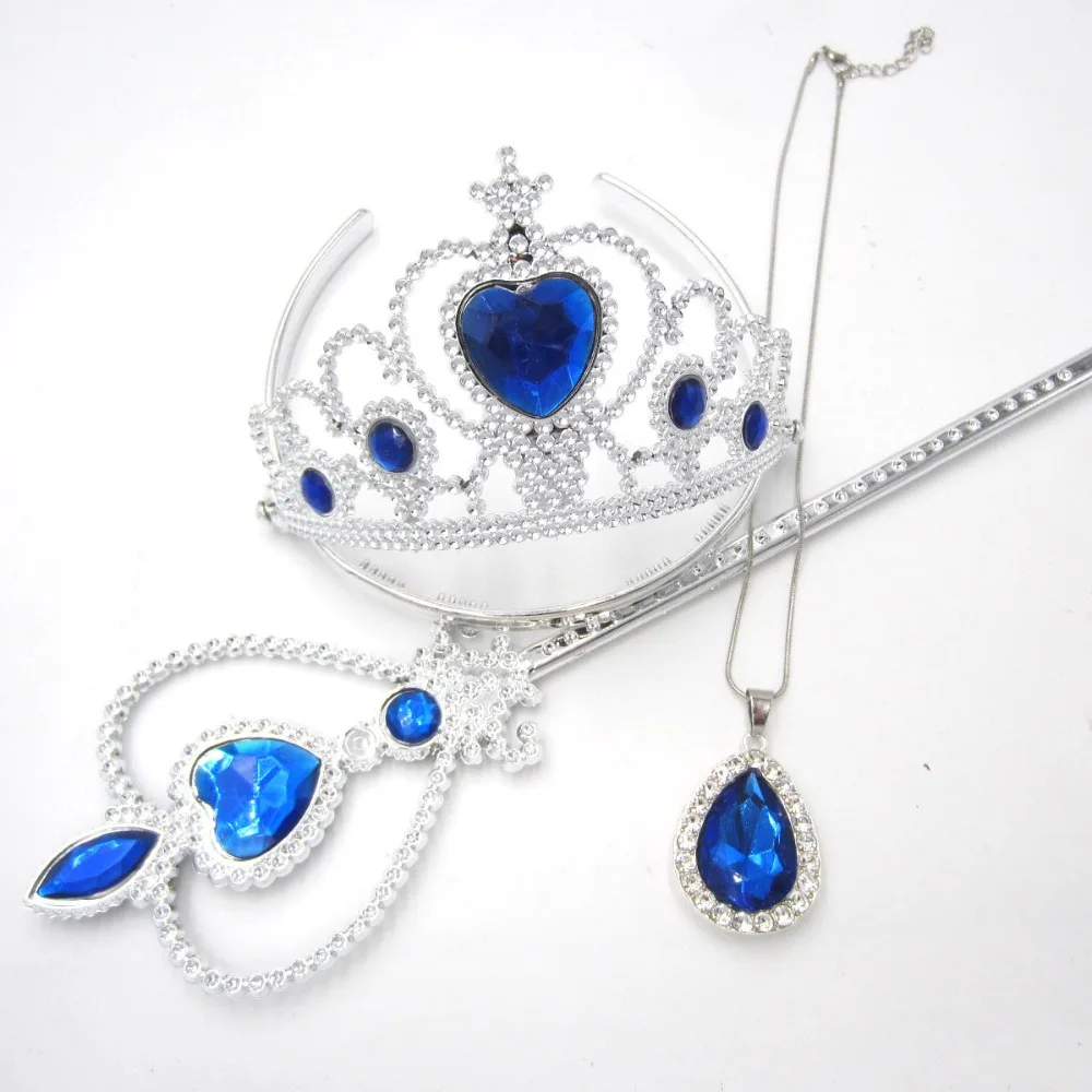 Child Girls Lovely Gifts Blue Stone Crown Magic Wand Sets Sofia The first Teardrop Amulet Pendant Necklace Hairbands Jewelry set