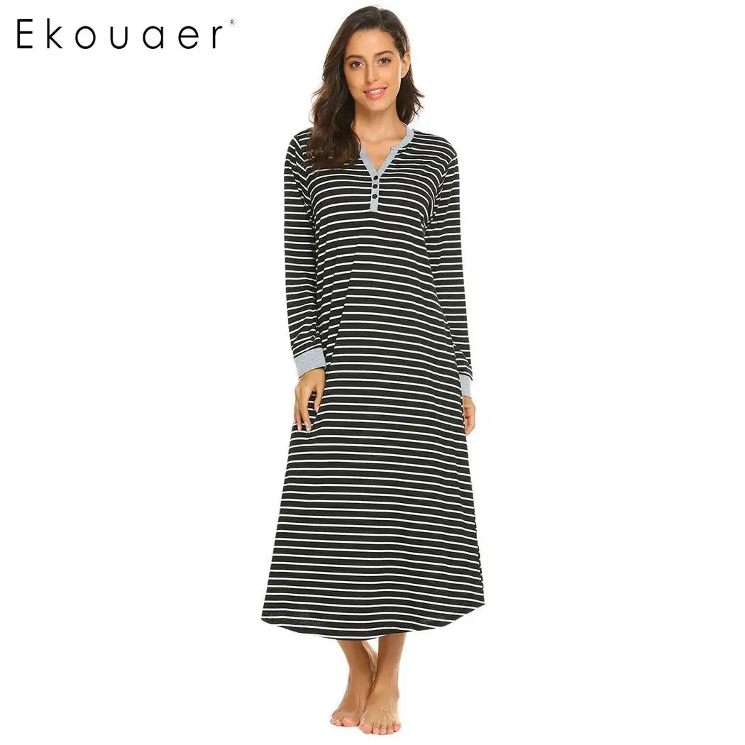 Ekouaer Women Long Nightdress Chemise Nightgown Casua Long l Sleeve V Neck Stripe Sleepwear Nightgown Female Sleepshirts