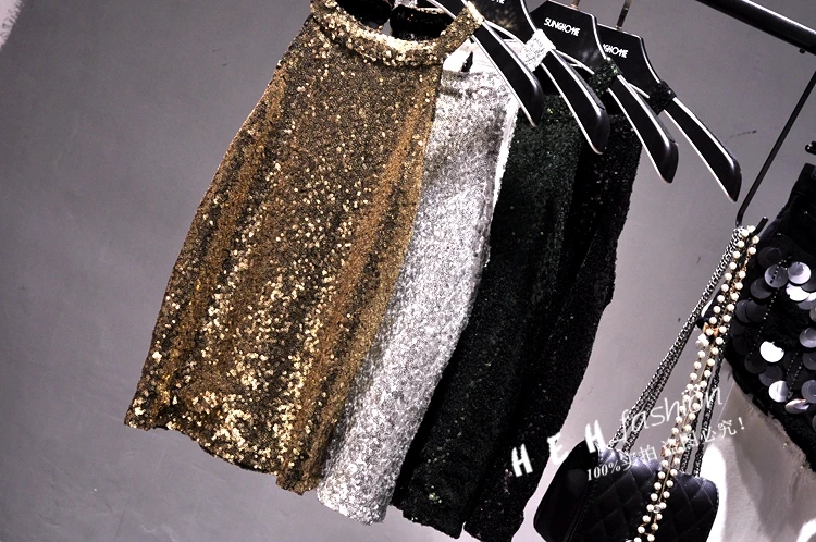 Women Bead Tank tops Shiny Sequin Vest Slim Bling Party Camis Halter neck gold Thread Lurex Sexy Tank Camisole Top Lady