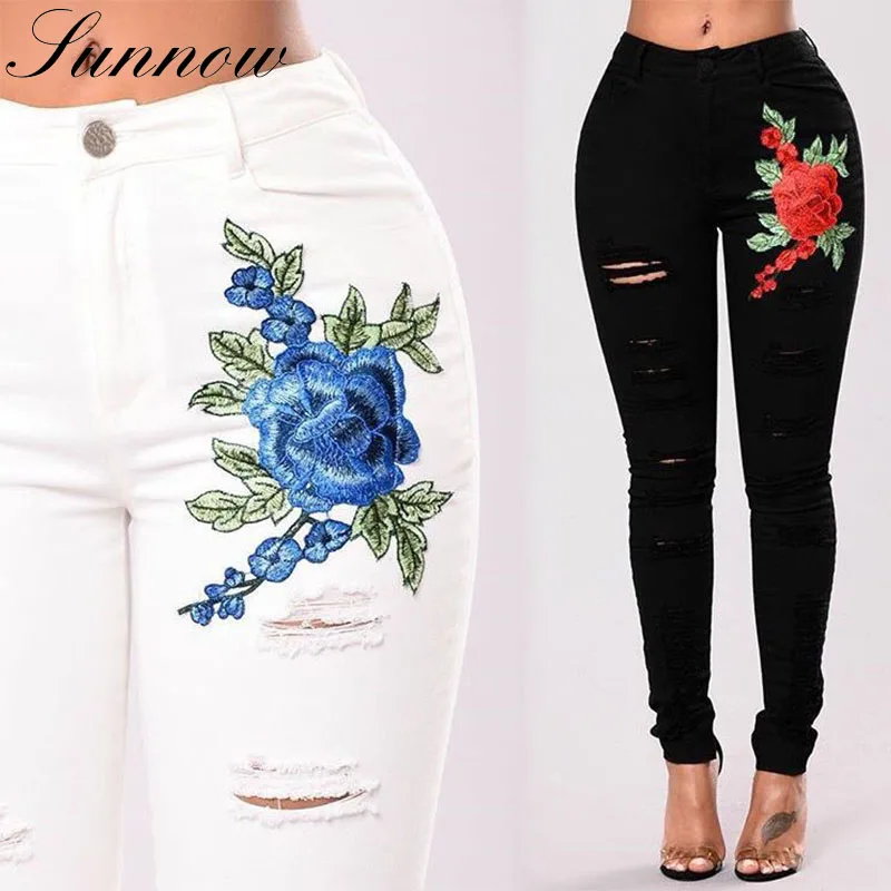 SUNNOW Jeans Women 2019 Spring 3D Floral Embroidery Ladies Denim Pencil Pants Skinny Elastic Femme Ripped Trousers Woman's |