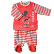 Весна-осень комплект для малышей Бархат Мышь мультфильм печати Футболка+ Footie с длинным рукавом наряд для Обувь для мальчиков Обувь для девочек велюр комплекты для девочек