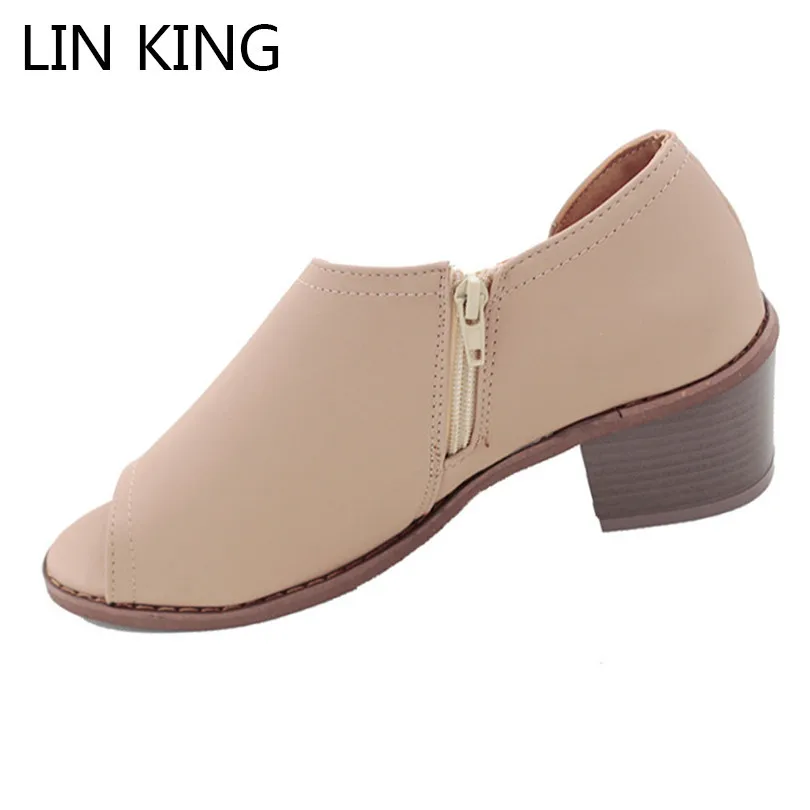 

LIN KING Fashion Zipper Women Pumps Solid Pu Leather Ankle Square Heel Summer Shoes Big Size Thick Sole Open Toe High Heel Shoes