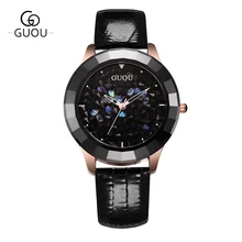 GUOU Ladies Watch Fashion Color Stone Glitter Women Watches Luxury Genuine Leather Diamond Watch reloj mujer relogio feminino