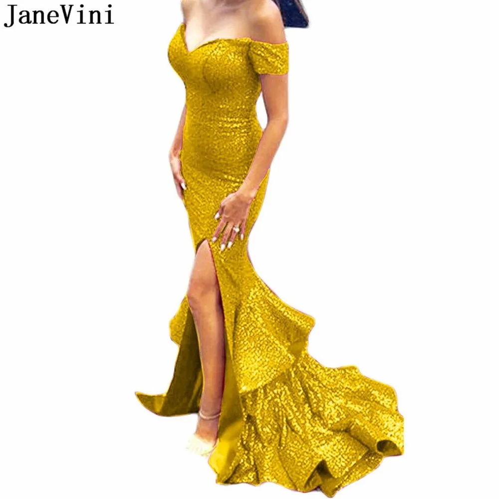 

JaneVini Sparkle Sequined Gold Dubai Long Evening Dresses V Neck Backless Mermaid Ruffles Arabic Sexy Plus Size Gown Gala Jurken