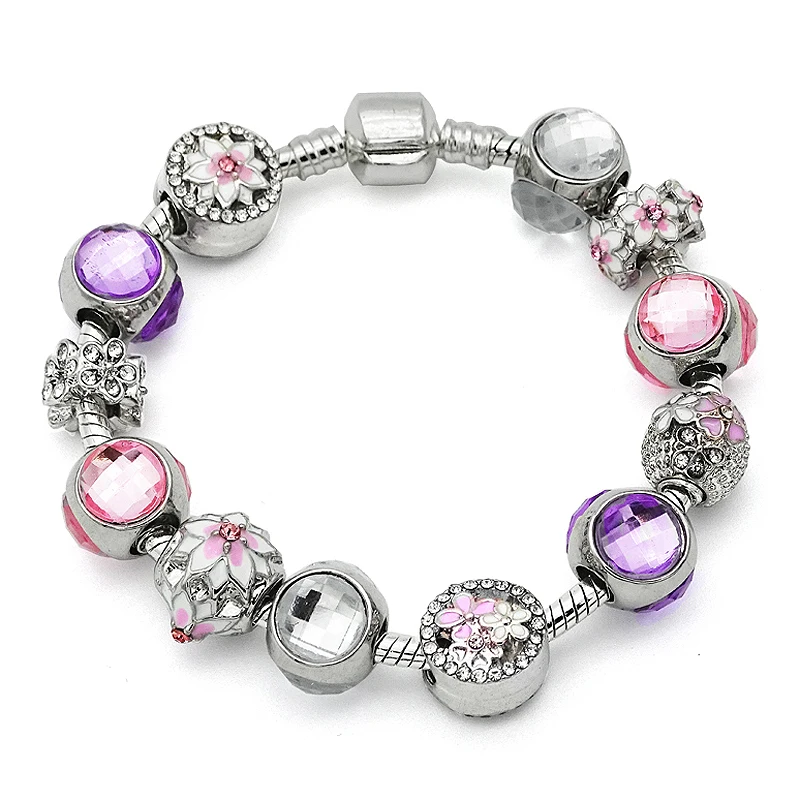 

2019 Spring New Arival Pink Magnolia Bloom Beads Silver Charm Bracelets Fit European Women Pandora Bracelets & Bangles