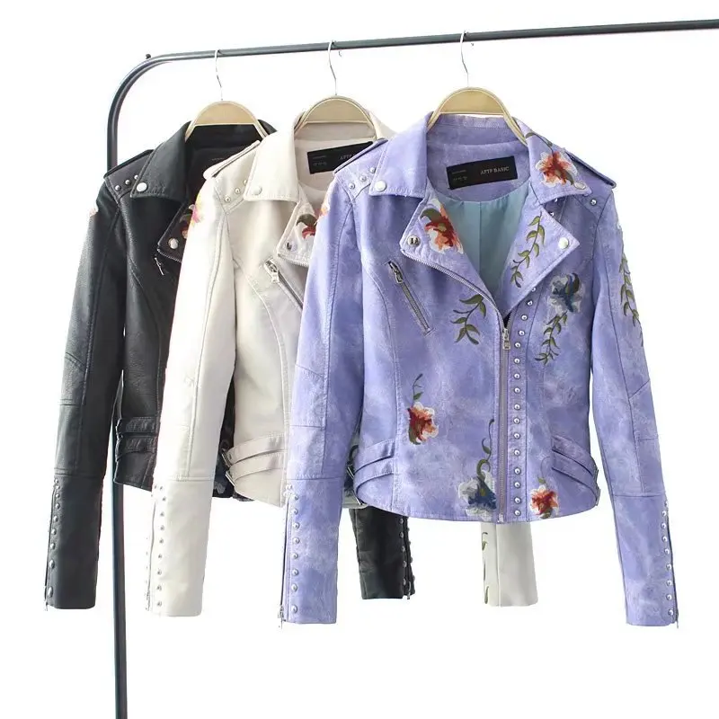 Женская куртка из мягкой искусственной кожи с цветочным принтом и вышивкой, пальто с отложным воротником, повседневная мотоциклетная черная верхняя одежда из искусственной кожи в стиле панк