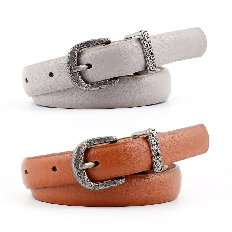 New Designer Ladies Boho Vintage Belt Buckle Belt Woman Thin Narrow Black White Red Brown Leather Belts for Women Jeans