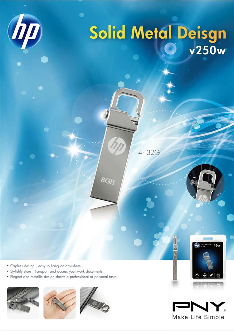 Акция hp USB Flash 16 ГБ 32 ГБ 64 Гб USB2.0 металлический Флешка V250W флэш-usb-ключ USB оригинальный флэш-накопитель на цепочке для ключей