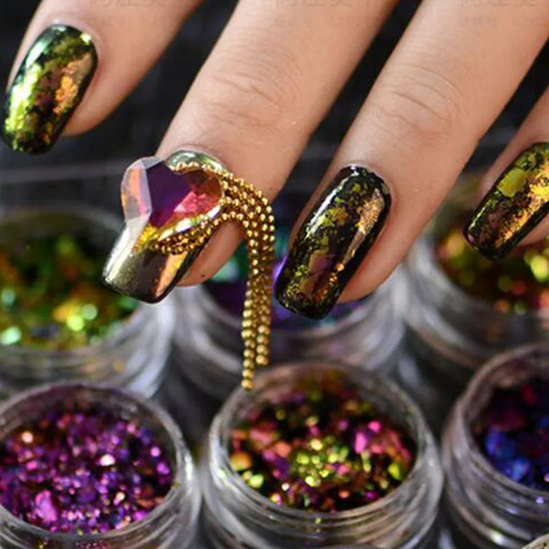 1 Box Chameleon 3D DIY Flakes Sequins Nail Glitter Powder Dust Mirror Chrome Pigment Nail Art Sheets Decorations nail powder,nail glitter,nail pigment,nail decoration,nail decorations,nail flakes,nail powder set