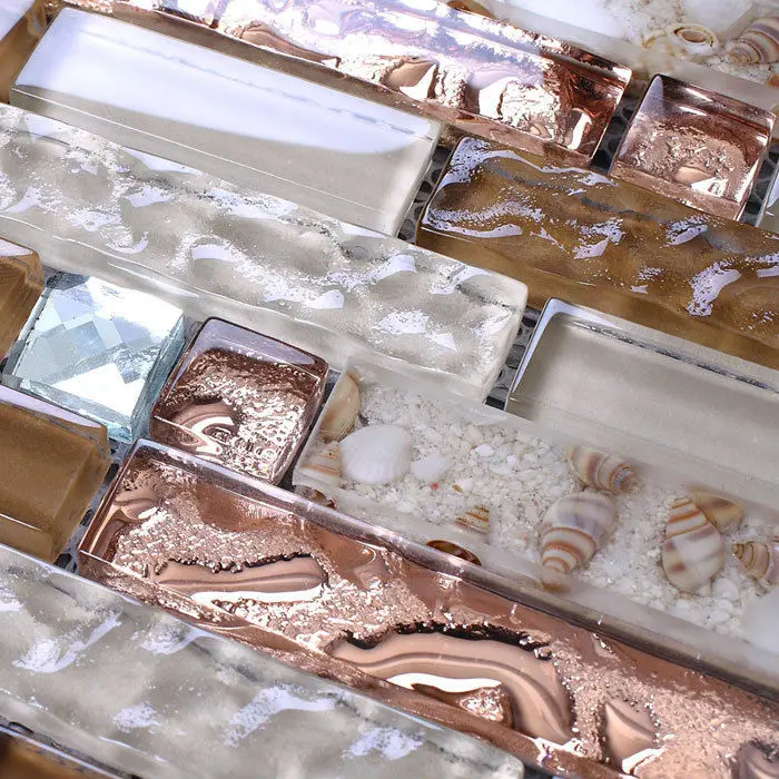 

Interlocking Glass Mosaic tile brown rose gold 13 Beveled kitchen backsplash bathroom stair porch wall deco Sea Shell resin