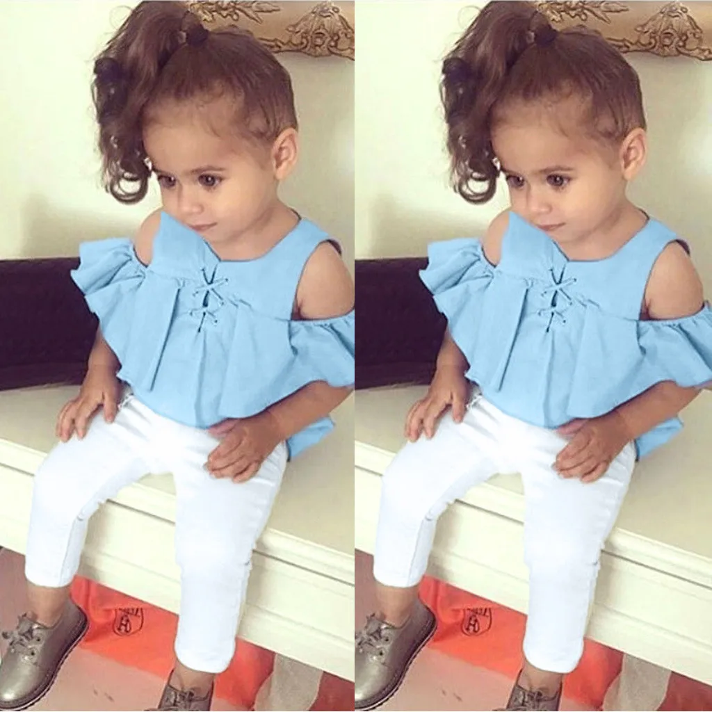 

Kids Girls Clothes Set Toddler Baby Girls Off Shoulder Solid Ruffle Lacing Tops Shirt+Pants Outfits Baby Girl Summer Clothes@30