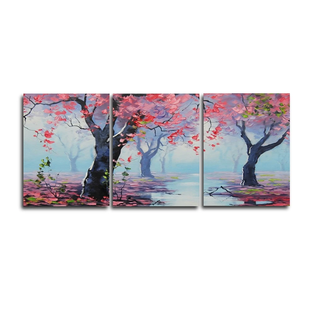 

Laeacco 3 Panel Canvas Painting Spring Pink Flower Trees River Wall Art Posters and Prints Nordic Home Living Room Decoration