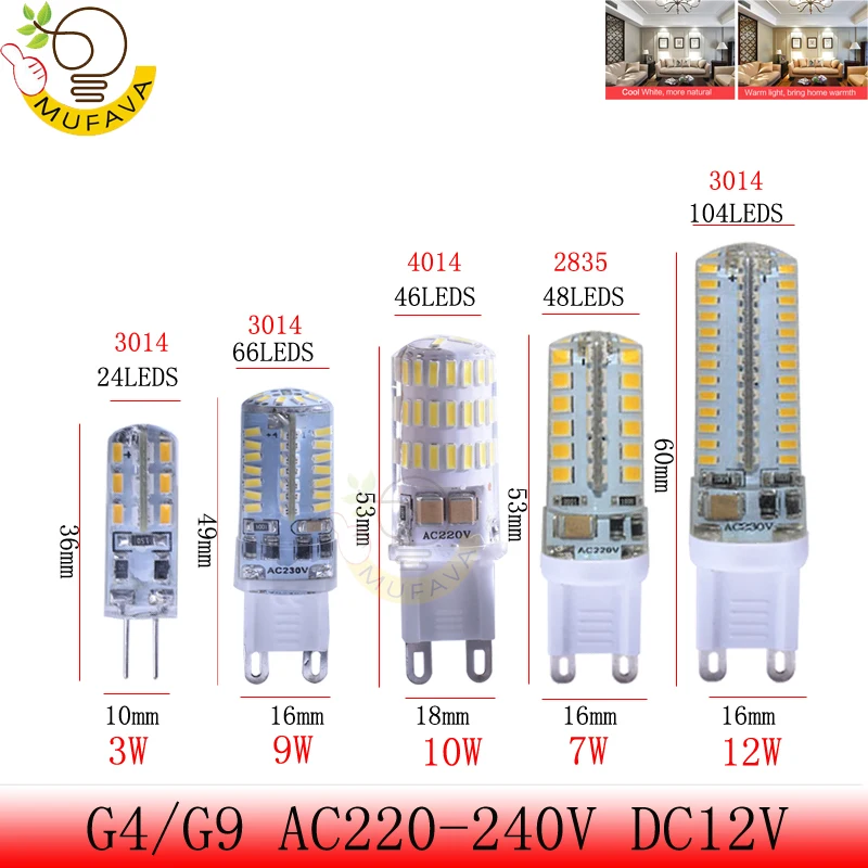 10 шт./лот G9 G4 3014 2835 4014 SMD 3 Вт 7 8 12 AC220V & DC 12V светодиодные силиконовые люстры лампы