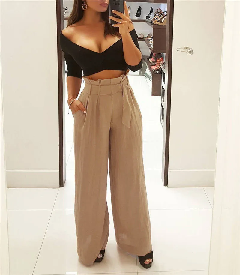 

New Arrival Ladies Summer Casual Pants Wide Leg Loose Trousers Lace Up High Waist Women Long Pants Trousers