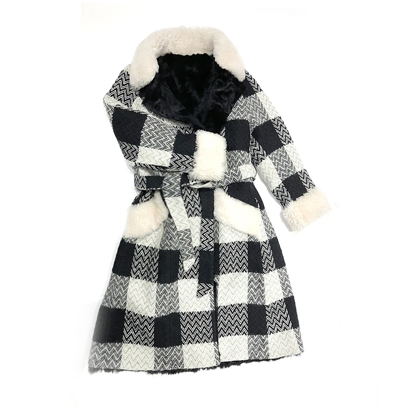 

2019 Winter Superior quality Wool Coat Women Long Woolen Coats Natural Lamb Fur Collar Thick Warm Jacket Tussah Silk Filling