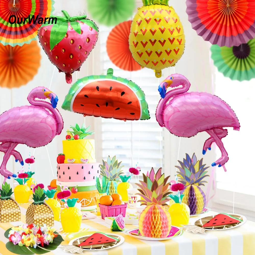 

OurWarm Hawaiian Party Decorations Flamingo Foil Balloons Paper Candy Box Napkin Pineapple Hanging Balls Disposable Tableware