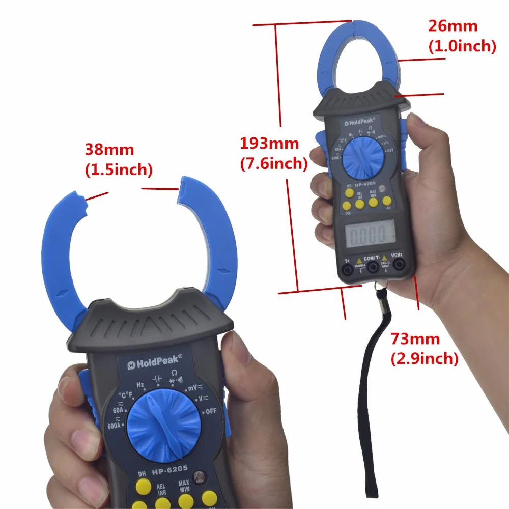 

HoldPeak HP-6205 Multimeter DC/AC Current Voltage Resistance Capacitance Temperature Frequency