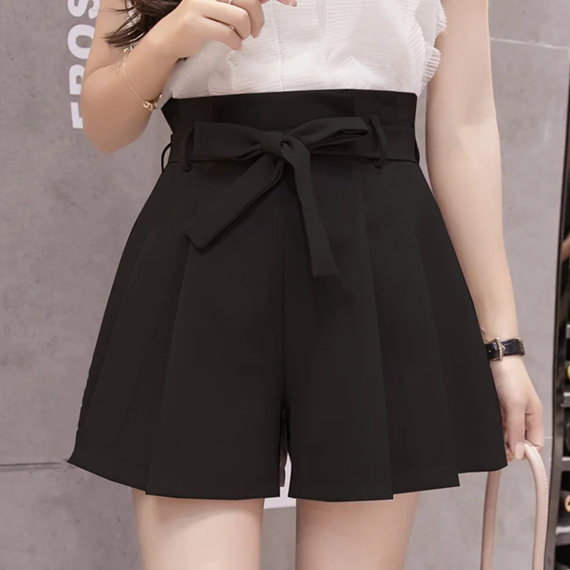 

Summer Solid High Waist Shorts Women 2019 New Womens Black Pink Pleated Wide Leg Shorts With Sashes Fashion Skirt Shorts Ladies