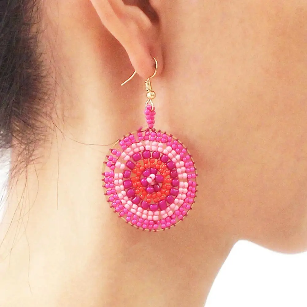 

Boho Round Beaded Dangle Handmade Woven Statement Hook Earrings Women Jewelry New indian