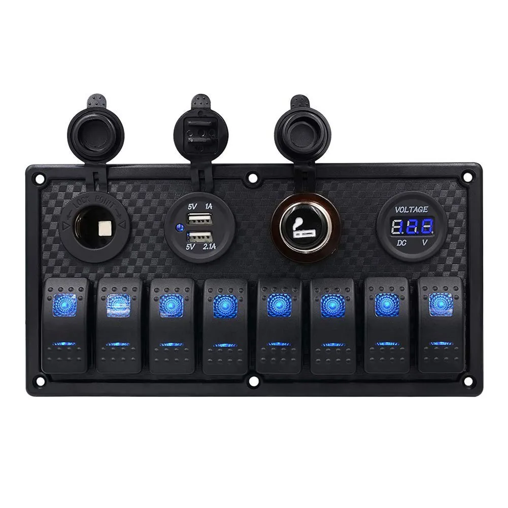 

Boat Marine Rocker Switch Panel 8 Gang Waterproof ON Off Toggle Switches with Digital Voltage Display 3.1A Dual USB Power Char