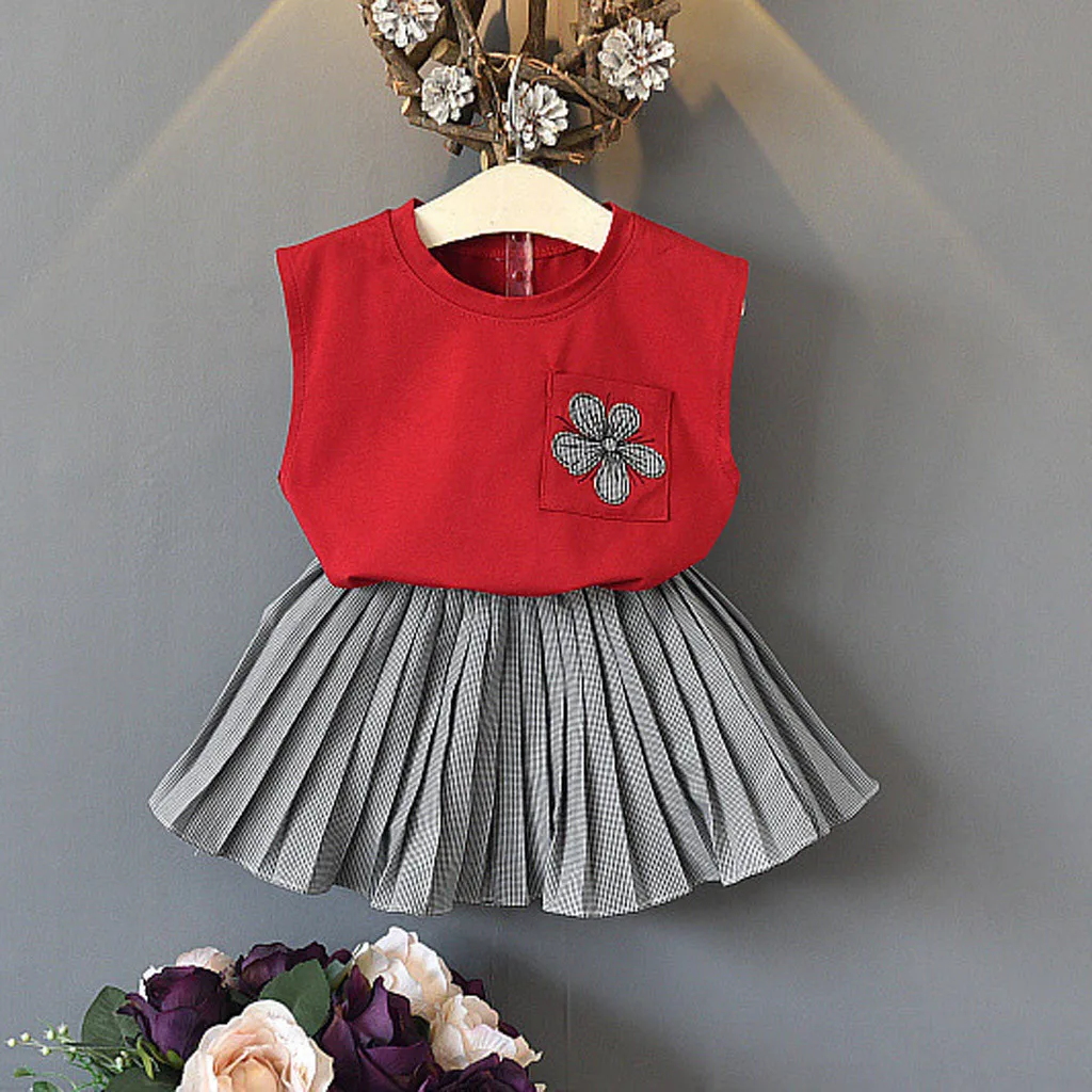 

Infant Baby Girl Kid Sleeveless Floral Vest Tops T Shirt+Plaid Skirt Outfits Set Summer Girls Clothes Sets Children's Clothing