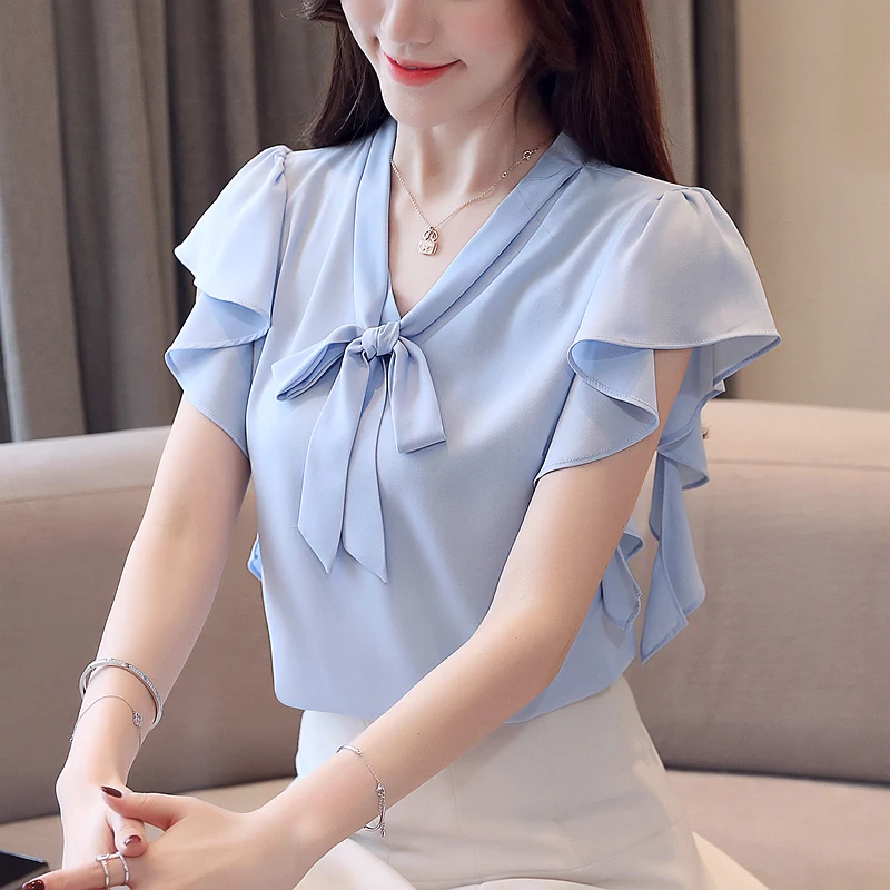 

Female Clothing Chiffon Shirt Ruffle Fashion Short Sleeve New summer 2019 Women Tops Bow V-Neck Sexy Korean Blouses Shirt 927E3