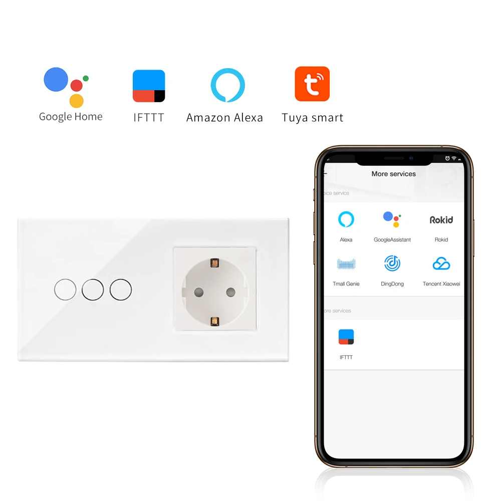 Bingoelec wifi сенсорный выключатель стандарт ЕС 3 банды 1 способ кристалл стеклянная панель Германия розетка настенный переключатель Беспроводное управление через приложение Tuya