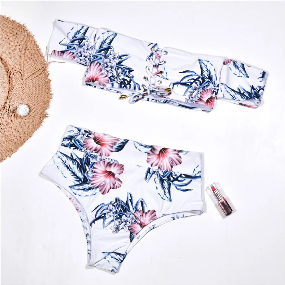 

Women Off Shoulder Cross Strap Two Piece Bikini Swimsuit Swimwear Bathing Suit 2019 High Waist Biquini Plavky Maillot Tankini