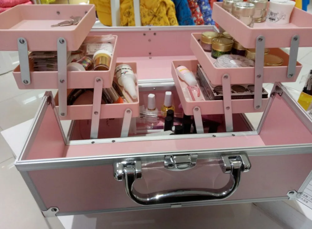 

FB102P Aluminum Facebox Makeup bag Beauty Box with Inner Three Layer Tray Pink Fashion Beauty Case Large Compacity