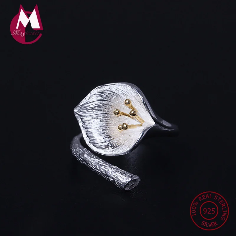 

NEW 925 Sterling Silver Rings For Women Handemade Adjustable Engagement Ring Original Calla Lily Flowers Ring Fine Jewelry YR29