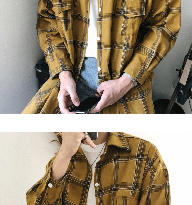Модные Повседневное молодежи карман плед хлопок Для мужчин свободные Camisa 2018 осень Гонконг Стиль решетки с длинным рукавом мужская рубашка