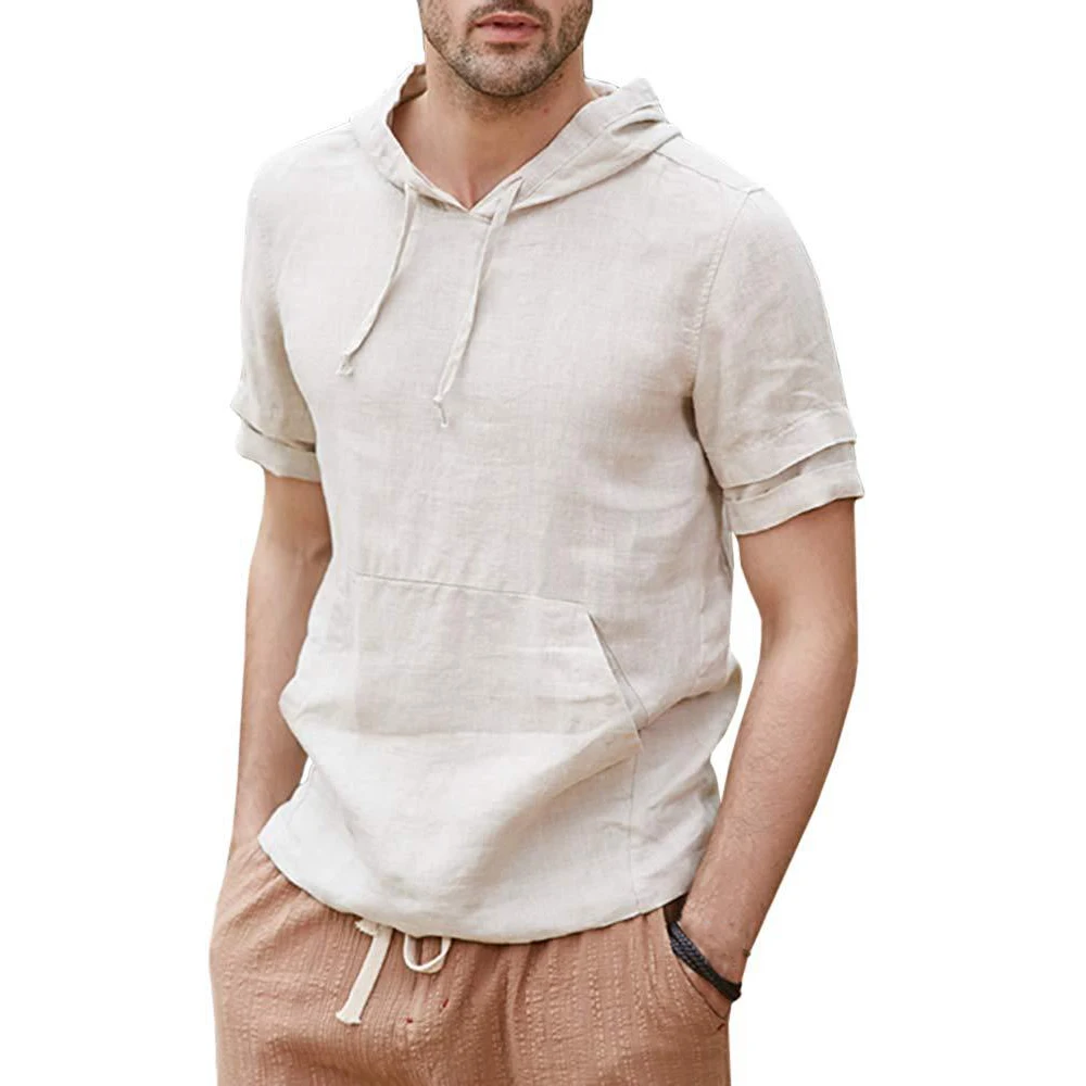 Мужская льняная футболка с коротким рукавом, дышащая летняя футболка, Мужская футболка с капюшоном, модная повседневная Уличная одежда, camisetas hombre