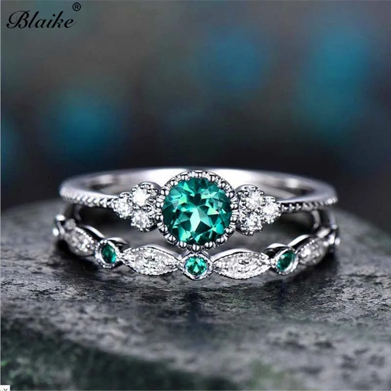 Blaike круглый зеленый/синий кубический циркон кольцо набор для женщин 925 серебро камень рождения ювелирные изделия Модные Свадебные обручальные кольца