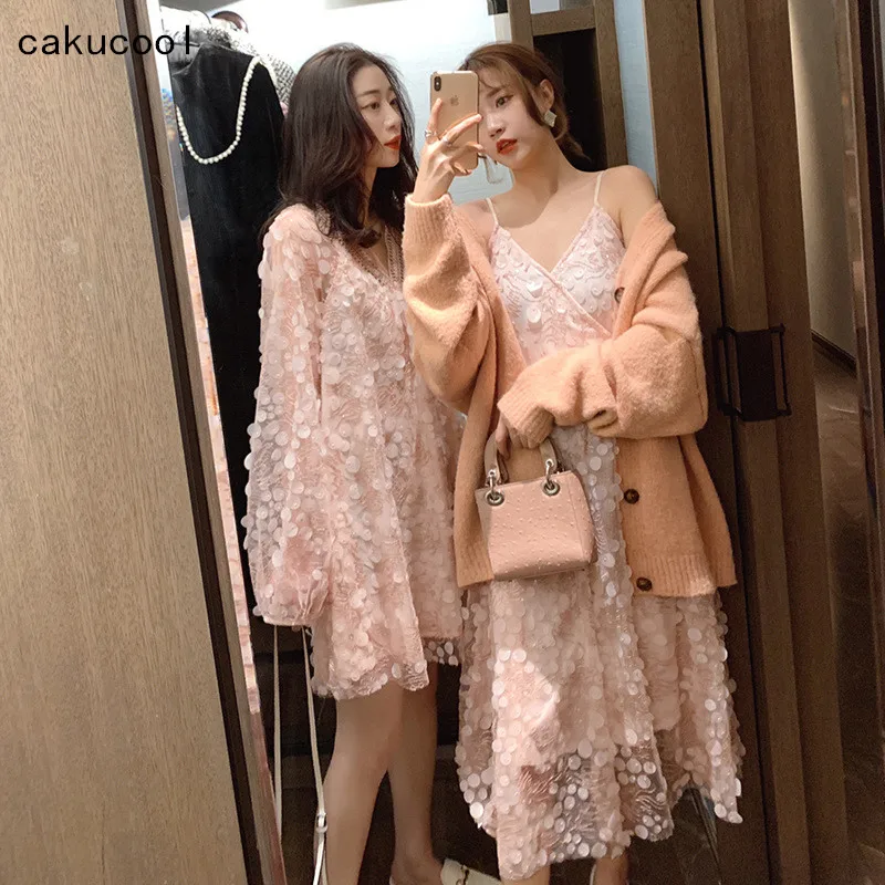 

Cakucool Fairy Cute Pink Dress Sequin Evening Party Dress Women Sexy V neck Female Elegant Mid Long Strap Dresses