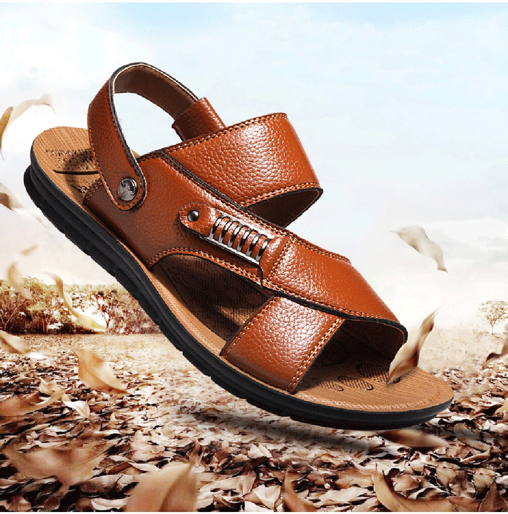 

Men Sandals Natural Leather Soft Sole Casual Shoes comfortable Outdoor Beach Sandals shoes Summer Men's Slipper Plus Size Feb26