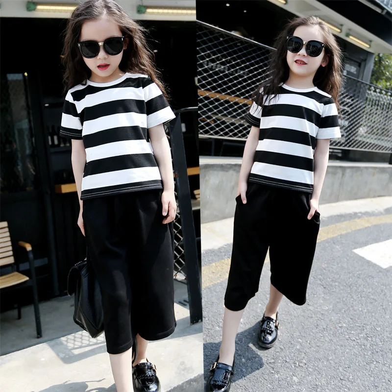 

Summer Girls Clothing Set Junior Kids White and Black Striped T Shirt with Loose Pants 2 PCs Outfit Casual Children Clothes
