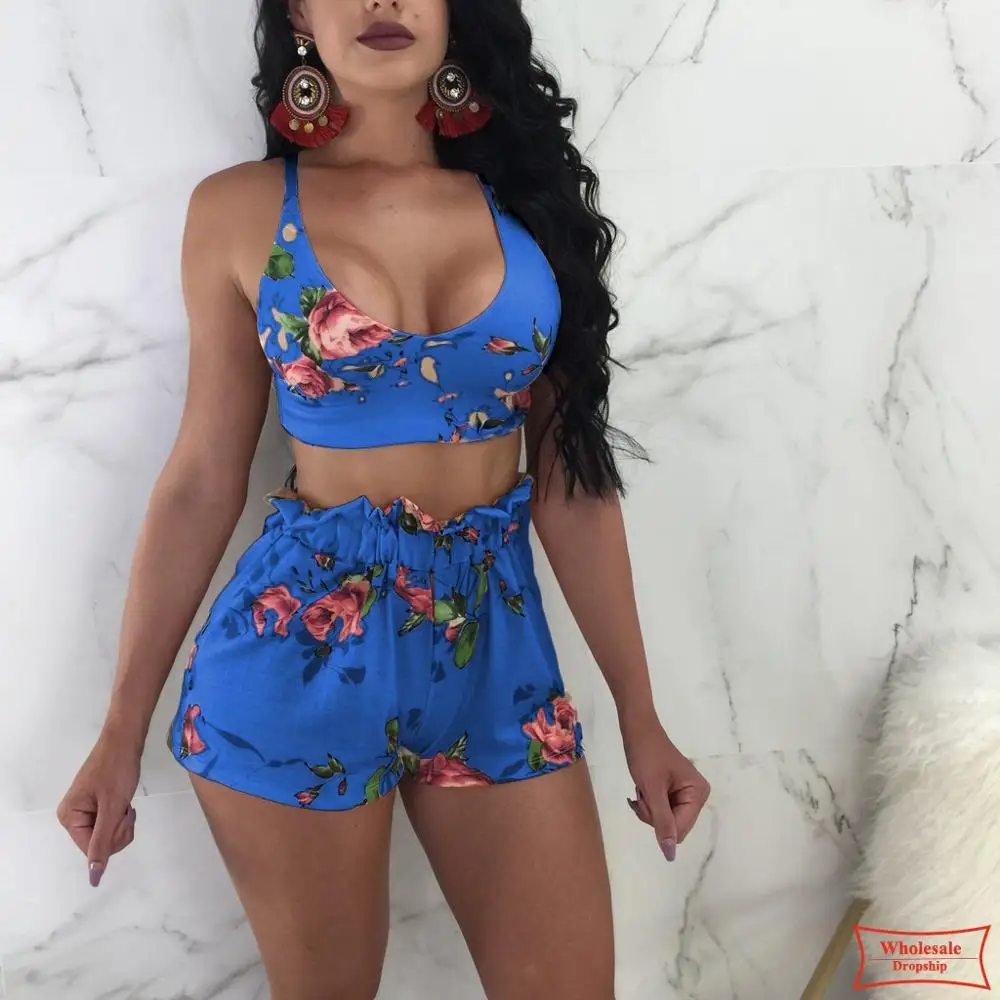 2019 Women Floral Printed Two Pieces Sets Camis Crops Tops And Shorts High Waist Pants Summer Slim Casual Beach Suit 2 Piece Set |